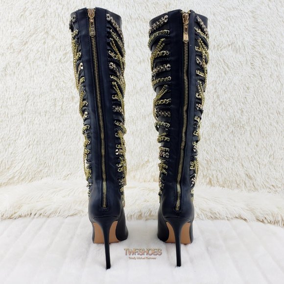 FINAL SALE Black Multiple Gold Chain 4.5" Heel Knee High Boot Last One - Picture 5 of 13